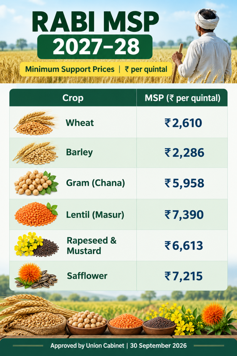 India Raises MSP for Rabi Crops for 2027-28 Marketing Season